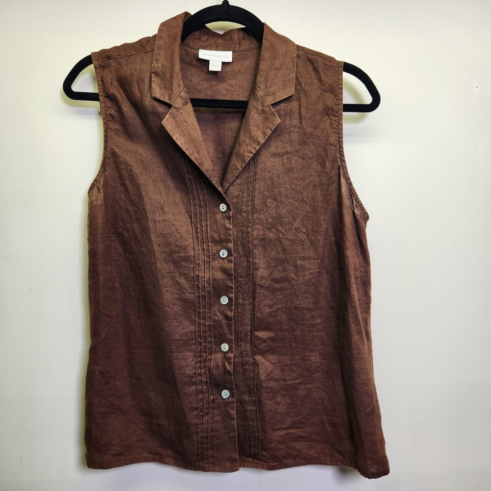 Charter Club Pintuck 100%‎ Linen Button Down Sz 10 Sleeveless Chocolate Brown